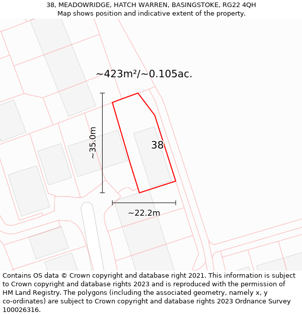 38, MEADOWRIDGE, HATCH WARREN, BASINGSTOKE, RG22 4QH: Plot and title map
