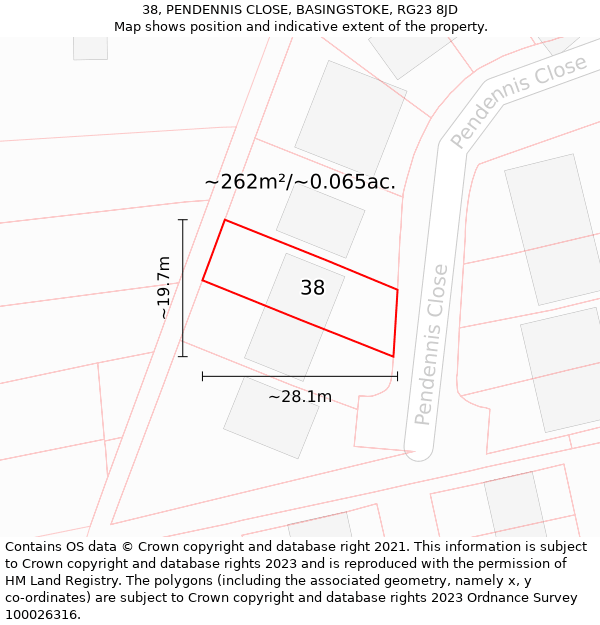 38, PENDENNIS CLOSE, BASINGSTOKE, RG23 8JD: Plot and title map