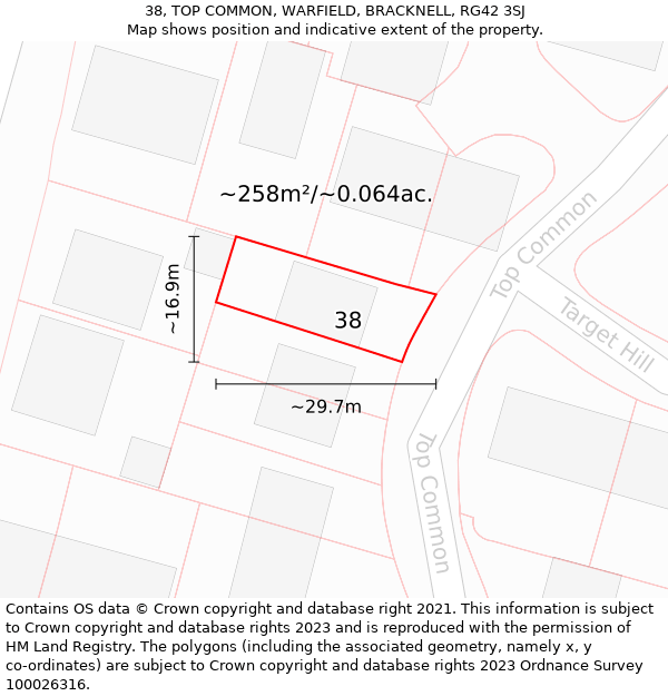 38, TOP COMMON, WARFIELD, BRACKNELL, RG42 3SJ: Plot and title map