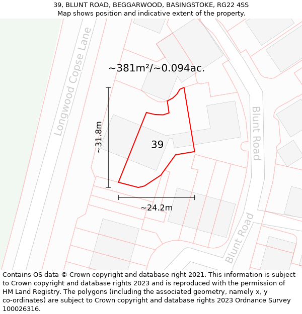 39, BLUNT ROAD, BEGGARWOOD, BASINGSTOKE, RG22 4SS: Plot and title map