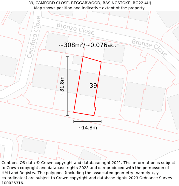 39, CAMFORD CLOSE, BEGGARWOOD, BASINGSTOKE, RG22 4UJ: Plot and title map