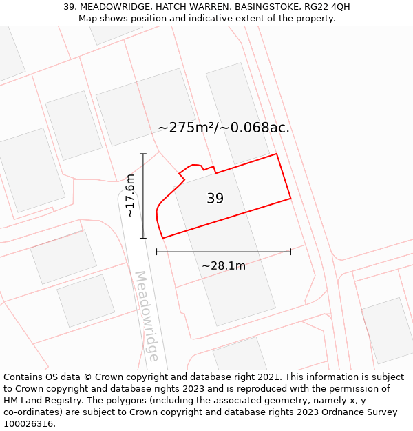 39, MEADOWRIDGE, HATCH WARREN, BASINGSTOKE, RG22 4QH: Plot and title map