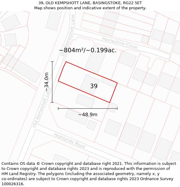 39, OLD KEMPSHOTT LANE, BASINGSTOKE, RG22 5ET: Plot and title map