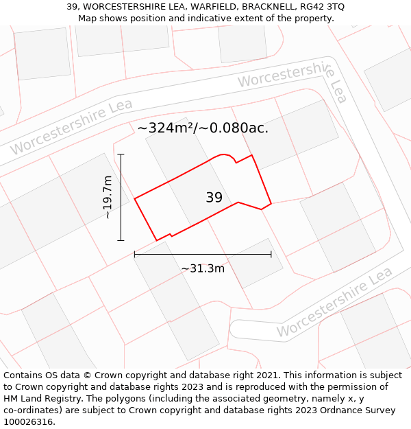 39, WORCESTERSHIRE LEA, WARFIELD, BRACKNELL, RG42 3TQ: Plot and title map