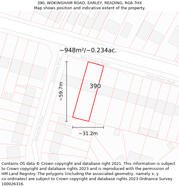 390, WOKINGHAM ROAD, EARLEY, READING, RG6 7HX: Plot and title map