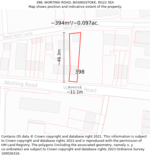 398, WORTING ROAD, BASINGSTOKE, RG22 5EA: Plot and title map