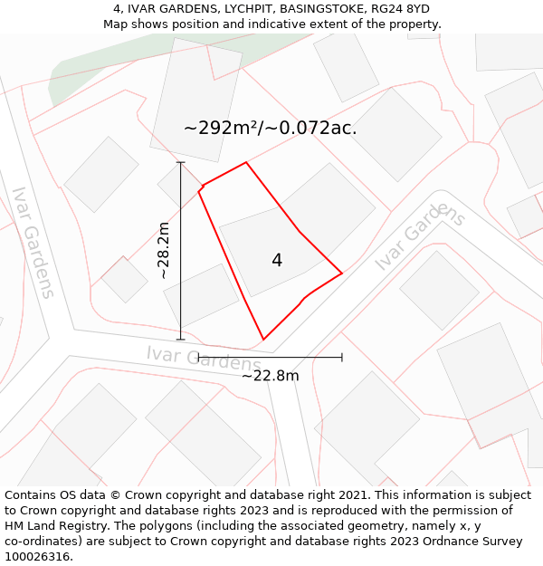 4, IVAR GARDENS, LYCHPIT, BASINGSTOKE, RG24 8YD: Plot and title map