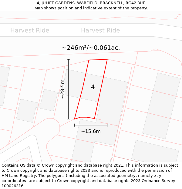 4, JULIET GARDENS, WARFIELD, BRACKNELL, RG42 3UE: Plot and title map