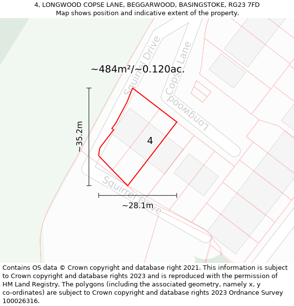 4, LONGWOOD COPSE LANE, BEGGARWOOD, BASINGSTOKE, RG23 7FD: Plot and title map