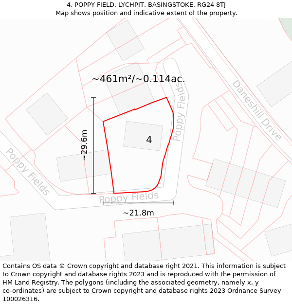 4, POPPY FIELD, LYCHPIT, BASINGSTOKE, RG24 8TJ: Plot and title map