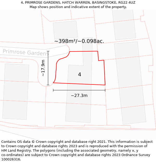 4, PRIMROSE GARDENS, HATCH WARREN, BASINGSTOKE, RG22 4UZ: Plot and title map