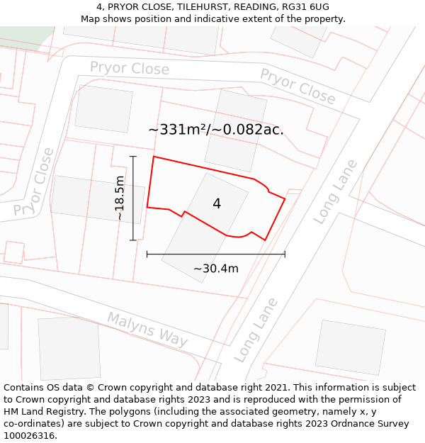 4, PRYOR CLOSE, TILEHURST, READING, RG31 6UG: Plot and title map