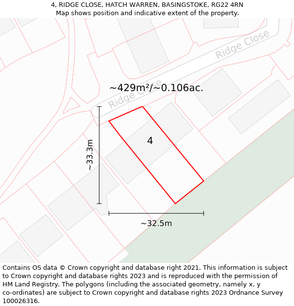 4, RIDGE CLOSE, HATCH WARREN, BASINGSTOKE, RG22 4RN: Plot and title map