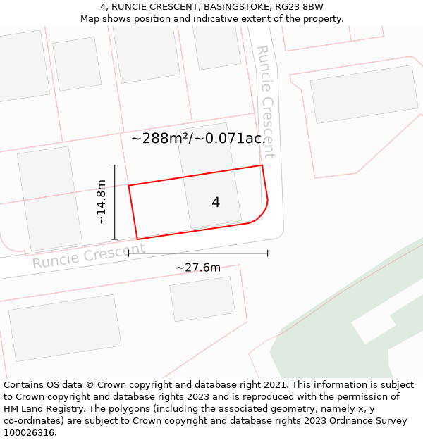 4, RUNCIE CRESCENT, BASINGSTOKE, RG23 8BW: Plot and title map