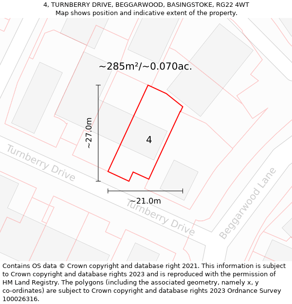 4, TURNBERRY DRIVE, BEGGARWOOD, BASINGSTOKE, RG22 4WT: Plot and title map