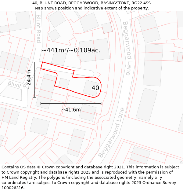 40, BLUNT ROAD, BEGGARWOOD, BASINGSTOKE, RG22 4SS: Plot and title map