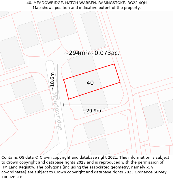 40, MEADOWRIDGE, HATCH WARREN, BASINGSTOKE, RG22 4QH: Plot and title map