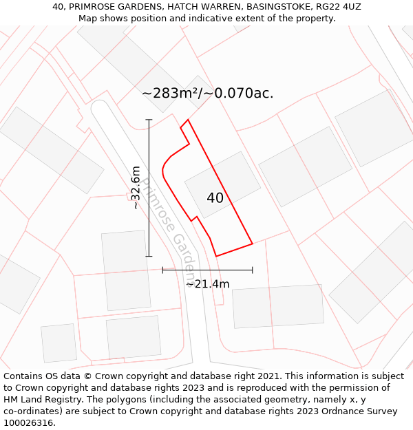 40, PRIMROSE GARDENS, HATCH WARREN, BASINGSTOKE, RG22 4UZ: Plot and title map