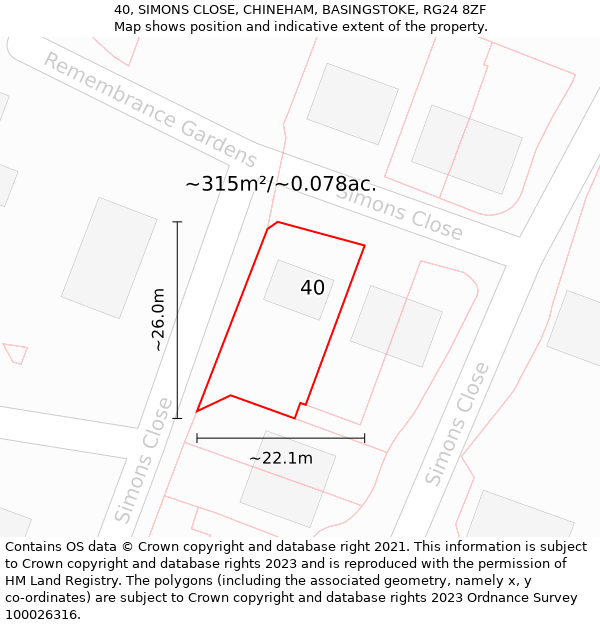 40, SIMONS CLOSE, CHINEHAM, BASINGSTOKE, RG24 8ZF: Plot and title map