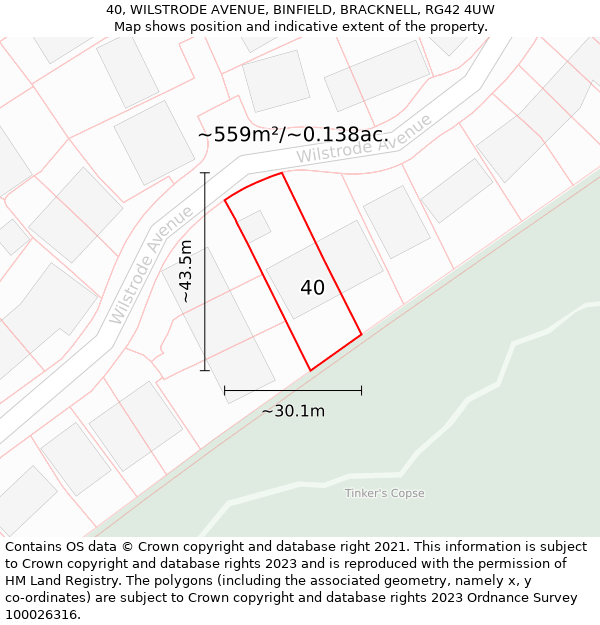 40, WILSTRODE AVENUE, BINFIELD, BRACKNELL, RG42 4UW: Plot and title map