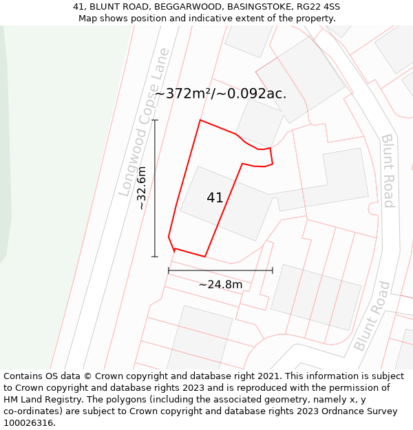 41, BLUNT ROAD, BEGGARWOOD, BASINGSTOKE, RG22 4SS: Plot and title map