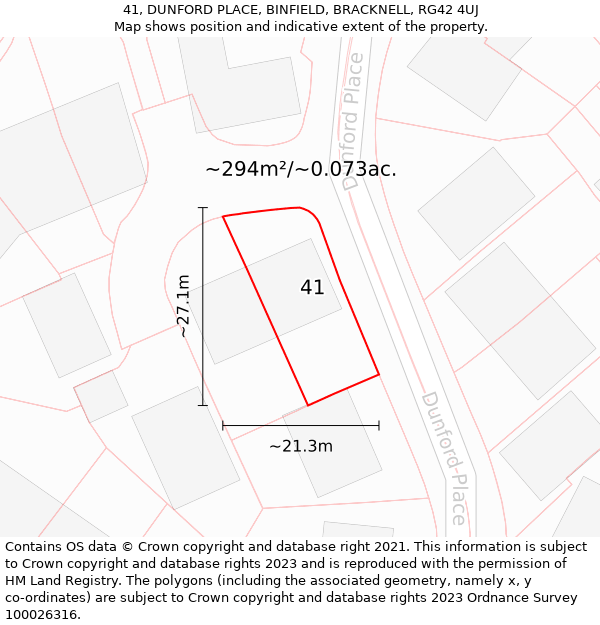 41, DUNFORD PLACE, BINFIELD, BRACKNELL, RG42 4UJ: Plot and title map