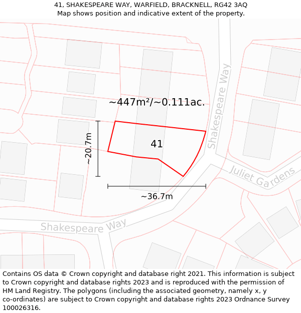 41, SHAKESPEARE WAY, WARFIELD, BRACKNELL, RG42 3AQ: Plot and title map