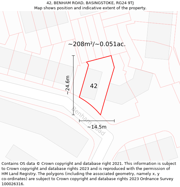 42, BENHAM ROAD, BASINGSTOKE, RG24 9TJ: Plot and title map