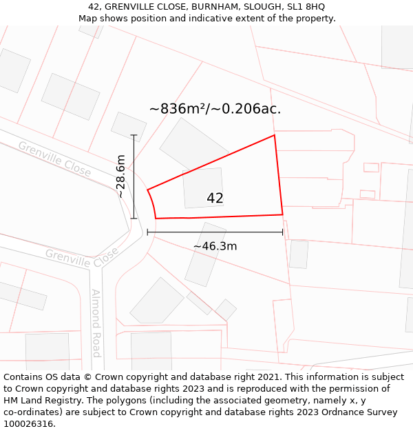 42, GRENVILLE CLOSE, BURNHAM, SLOUGH, SL1 8HQ: Plot and title map