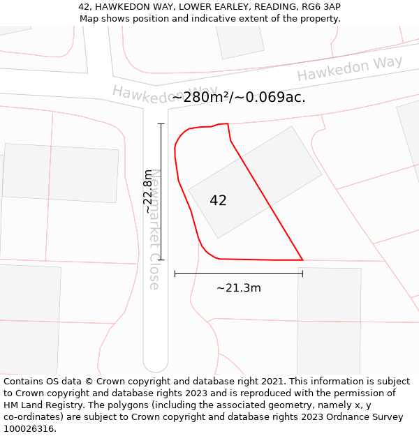 42, HAWKEDON WAY, LOWER EARLEY, READING, RG6 3AP: Plot and title map