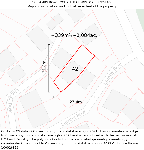 42, LAMBS ROW, LYCHPIT, BASINGSTOKE, RG24 8SL: Plot and title map