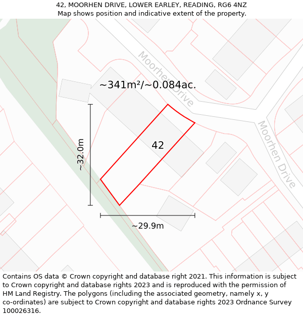 42, MOORHEN DRIVE, LOWER EARLEY, READING, RG6 4NZ: Plot and title map