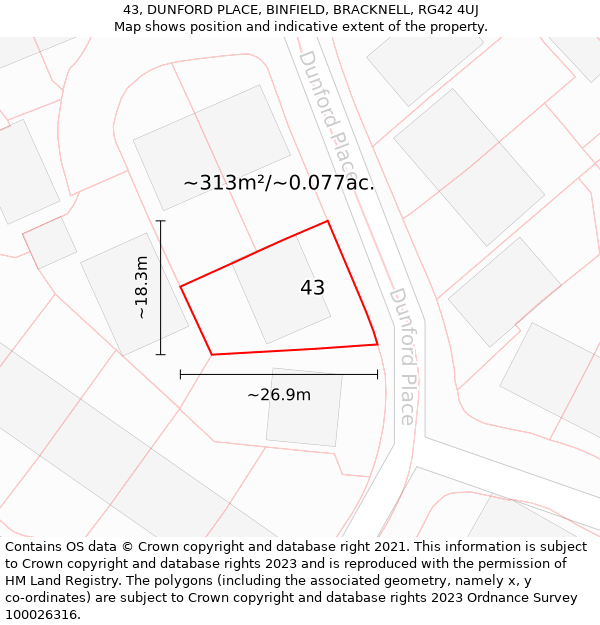 43, DUNFORD PLACE, BINFIELD, BRACKNELL, RG42 4UJ: Plot and title map