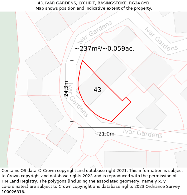 43, IVAR GARDENS, LYCHPIT, BASINGSTOKE, RG24 8YD: Plot and title map