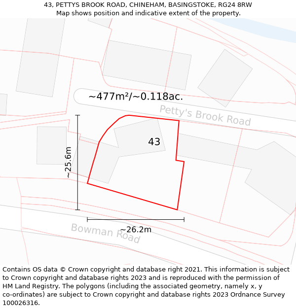 43, PETTYS BROOK ROAD, CHINEHAM, BASINGSTOKE, RG24 8RW: Plot and title map