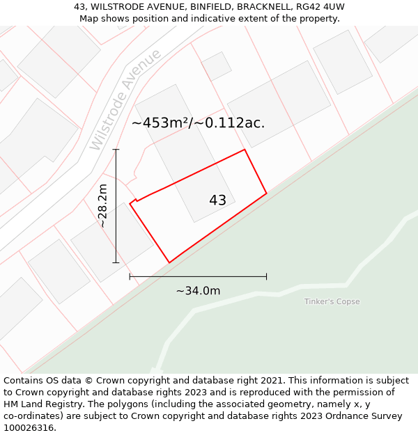 43, WILSTRODE AVENUE, BINFIELD, BRACKNELL, RG42 4UW: Plot and title map