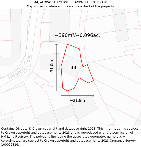 44, ALDWORTH CLOSE, BRACKNELL, RG12 7AW: Plot and title map