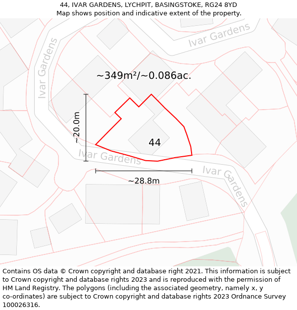 44, IVAR GARDENS, LYCHPIT, BASINGSTOKE, RG24 8YD: Plot and title map