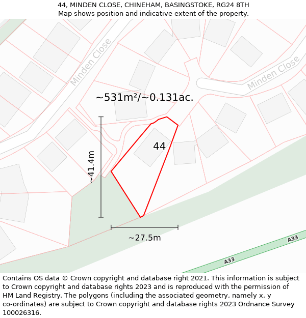 44, MINDEN CLOSE, CHINEHAM, BASINGSTOKE, RG24 8TH: Plot and title map