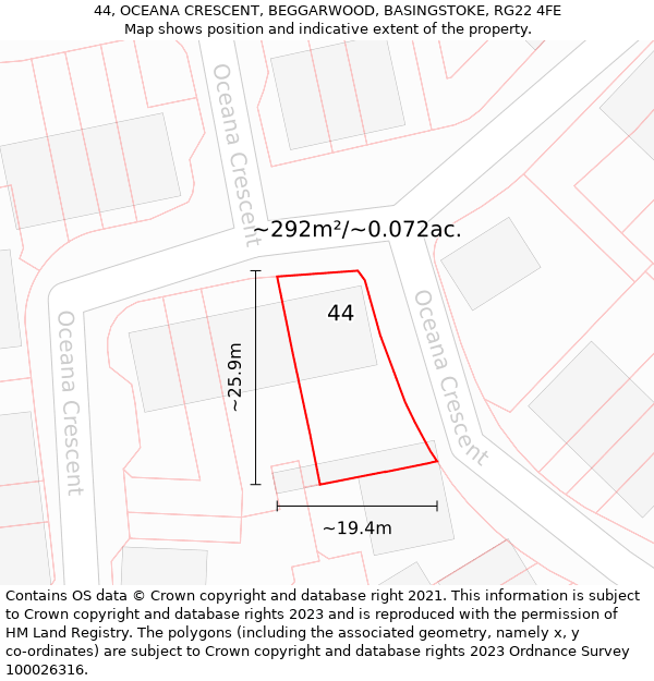 44, OCEANA CRESCENT, BEGGARWOOD, BASINGSTOKE, RG22 4FE: Plot and title map