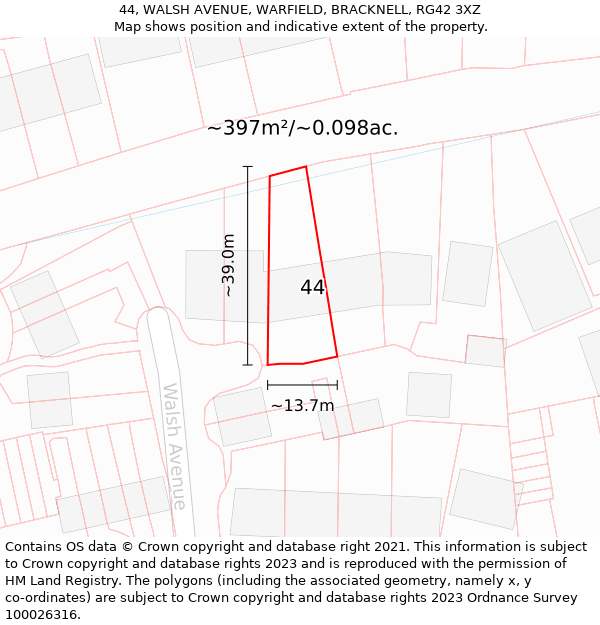 44, WALSH AVENUE, WARFIELD, BRACKNELL, RG42 3XZ: Plot and title map