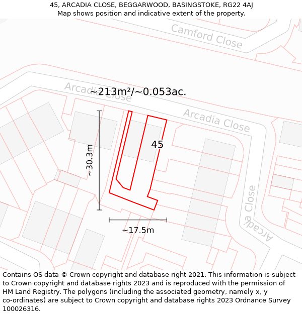 45, ARCADIA CLOSE, BEGGARWOOD, BASINGSTOKE, RG22 4AJ: Plot and title map