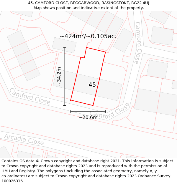 45, CAMFORD CLOSE, BEGGARWOOD, BASINGSTOKE, RG22 4UJ: Plot and title map