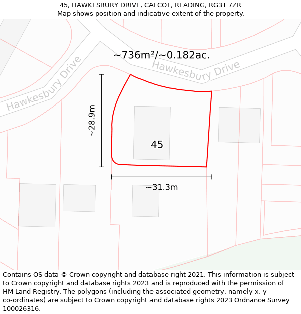 45, HAWKESBURY DRIVE, CALCOT, READING, RG31 7ZR: Plot and title map