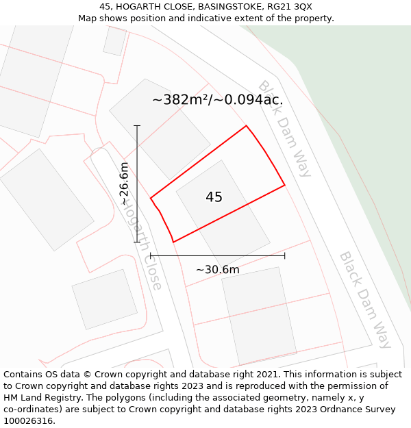 45, HOGARTH CLOSE, BASINGSTOKE, RG21 3QX: Plot and title map