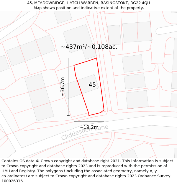 45, MEADOWRIDGE, HATCH WARREN, BASINGSTOKE, RG22 4QH: Plot and title map