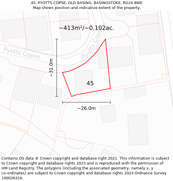 45, PYOTTS COPSE, OLD BASING, BASINGSTOKE, RG24 8WE: Plot and title map