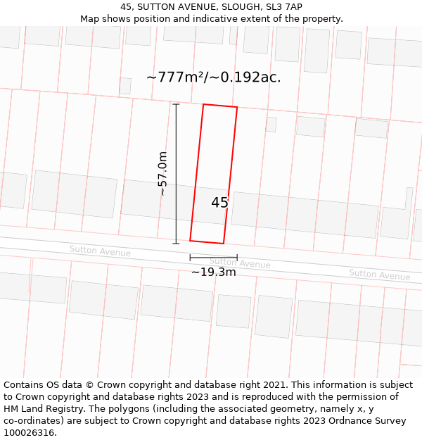 45, SUTTON AVENUE, SLOUGH, SL3 7AP: Plot and title map