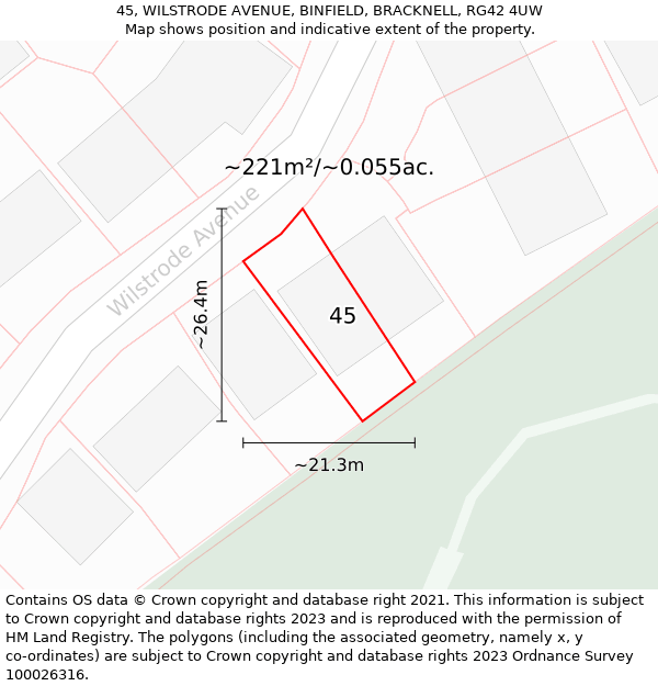 45, WILSTRODE AVENUE, BINFIELD, BRACKNELL, RG42 4UW: Plot and title map