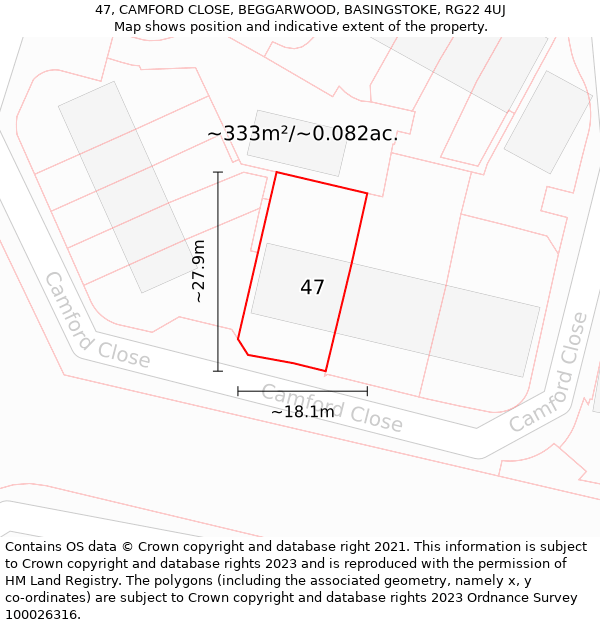 47, CAMFORD CLOSE, BEGGARWOOD, BASINGSTOKE, RG22 4UJ: Plot and title map